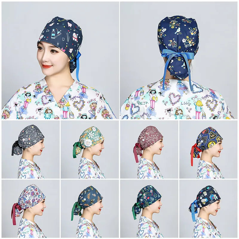 Printed Surgical and Nursing Scrub Cap With Button