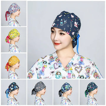 Printed Surgical and Nursing Scrub Cap With Button