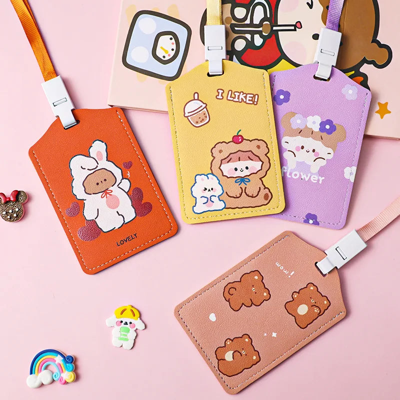 Cute Cartoon Leather Bus Pass Case Cover With Lanyard